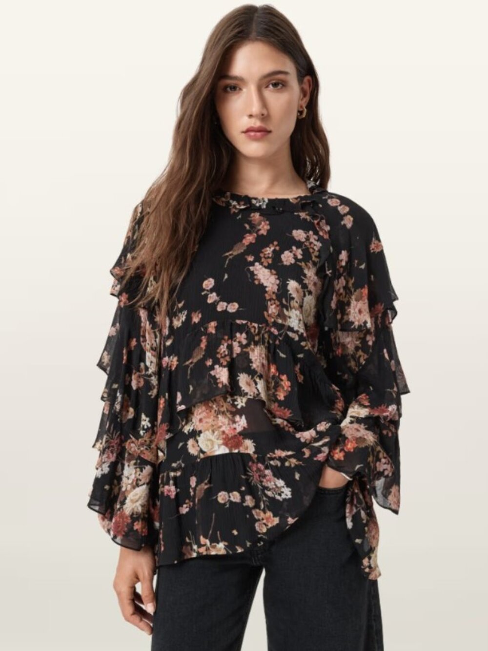 AllSaints Lissie Floral Ruffle Sheer Blouse Black Multi Womens US 0 UK 4 EU 32